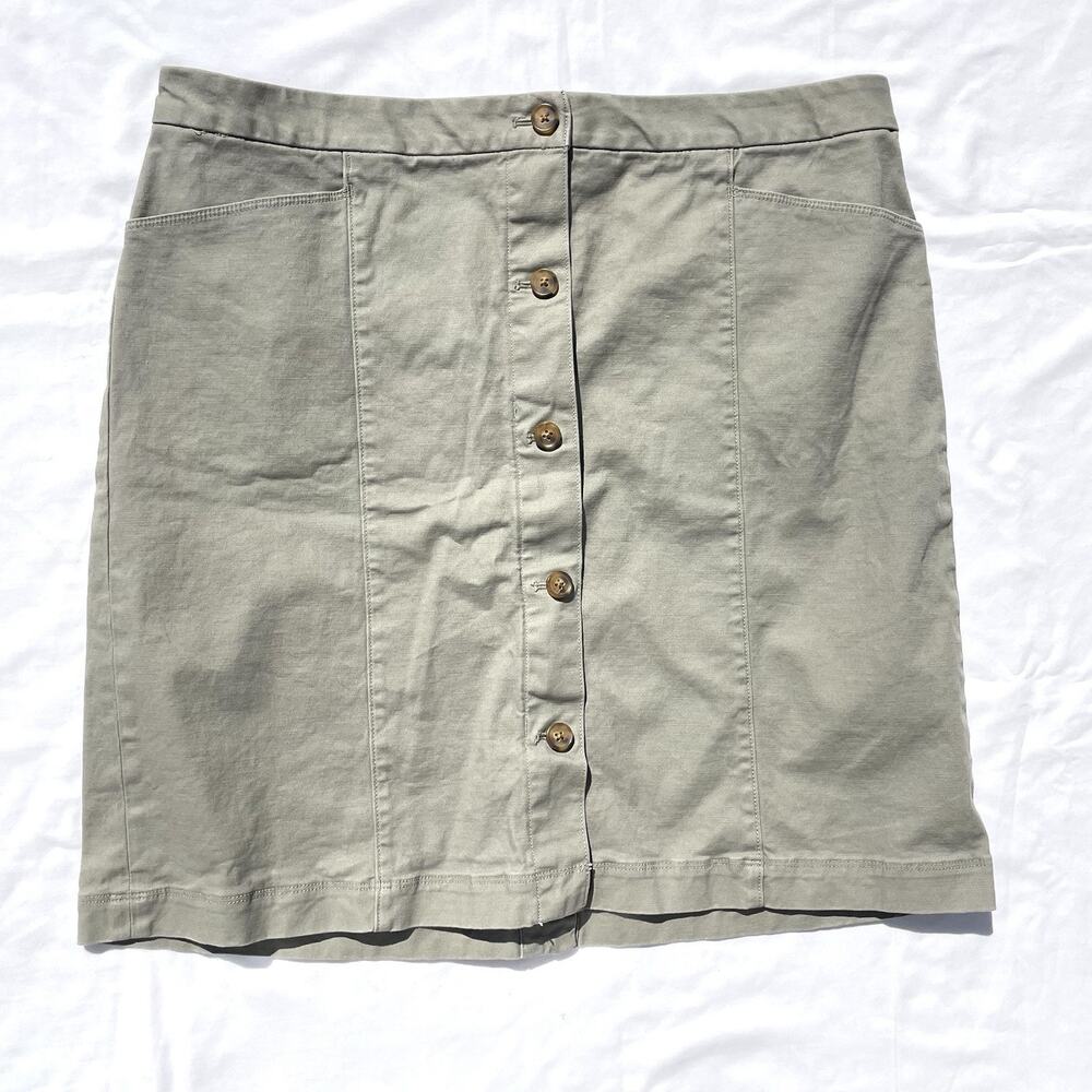 Duluth Trading Co Workday Warrior Chino Skirt Womens 16 Khaki Green Button Front
